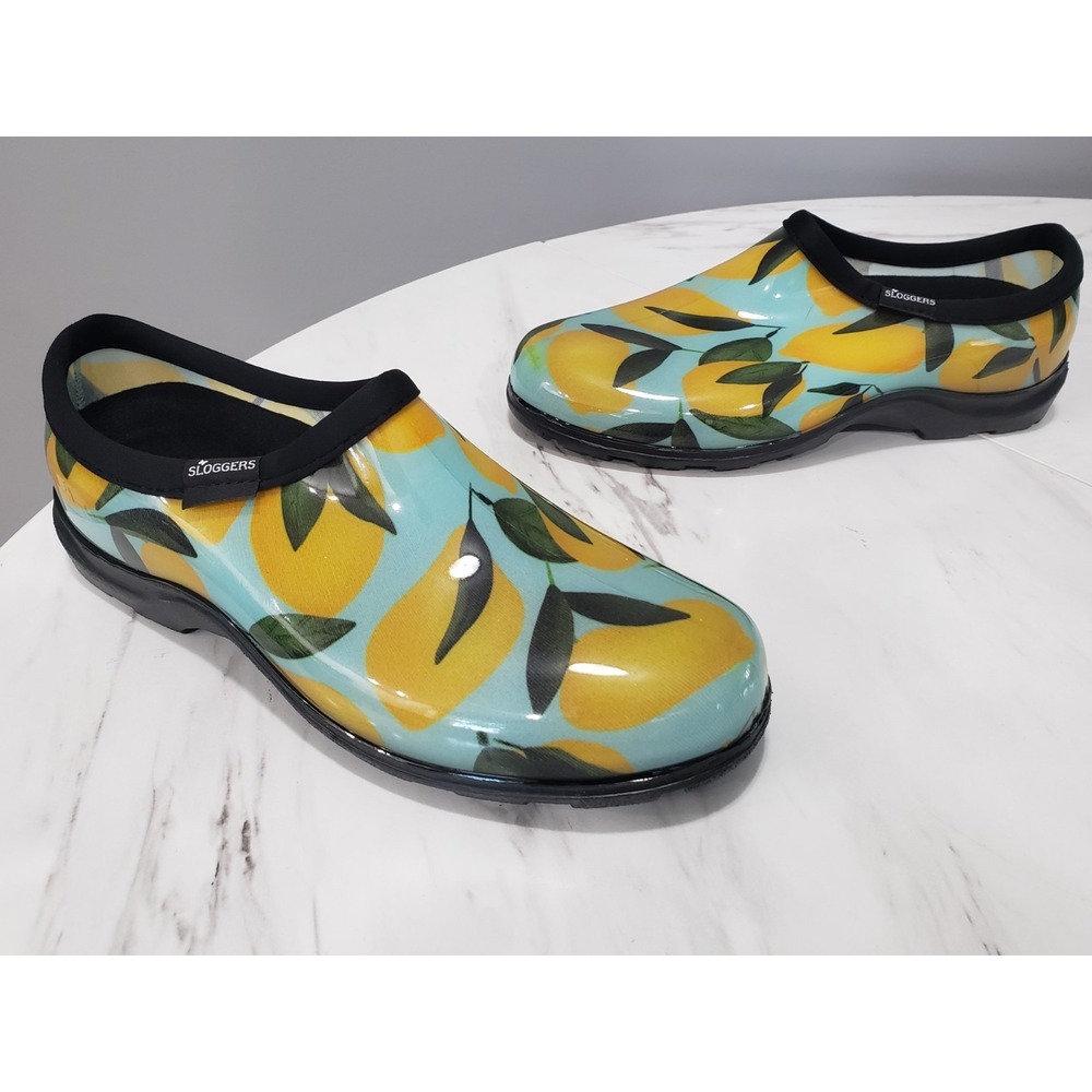 NEW Sloggers Womens 10 LEMON Print Short Rain Garden Shoes Clogs MULES CHORE